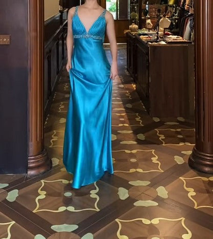 Vintage Royal Blue Backless Satin Prom Dress - Backless Sexy Empire Dress - Glitter Beaded Evening Dress for Quinceanera&Birthday _ED01920
