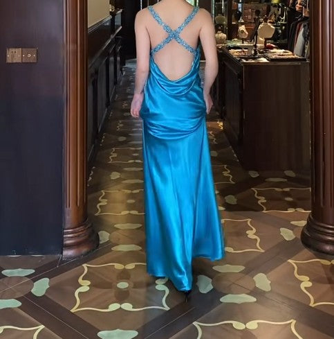 Royal Blue Backless Satin Prom Dress - Backless Sexy Empire Dress - Glitter Beaded Evening Dress for Quinceanera&Birthday HZ1024