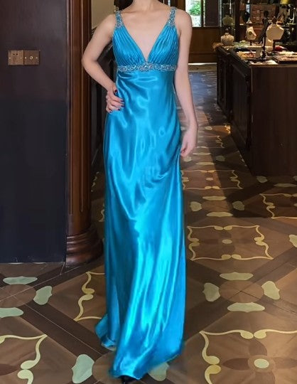 Vintage Royal Blue Backless Satin Prom Dress - Backless Sexy Empire Dress - Glitter Beaded Evening Dress for Quinceanera&Birthday _ED01920