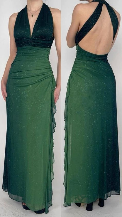 Elegant Green Formal Dresses, V-neck Sheath Glitter Birthday Dresses, Chiffon Retro Backless Party Dresses _ED01921