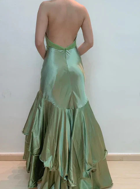 Gorgeous Green V-Neck Beaded Satin Mermaid Backless Evening Gown _ED01922
