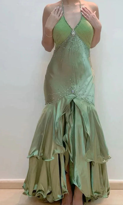 Gorgeous Green V-Neck Beaded Satin Mermaid Backless Evening Gown _ED01922