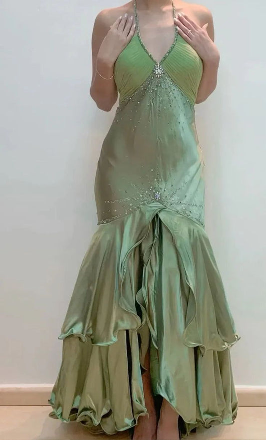 Gorgeous Green V-Neck Beaded Satin Mermaid Backless Evening Gown _ED01922