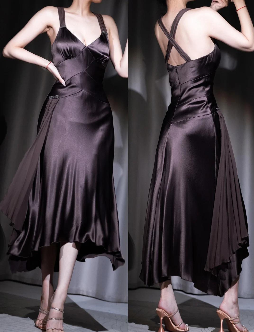 Chocolate V-Neck Satin A-Line Prom Dress Elegant Party Dress HZ1024