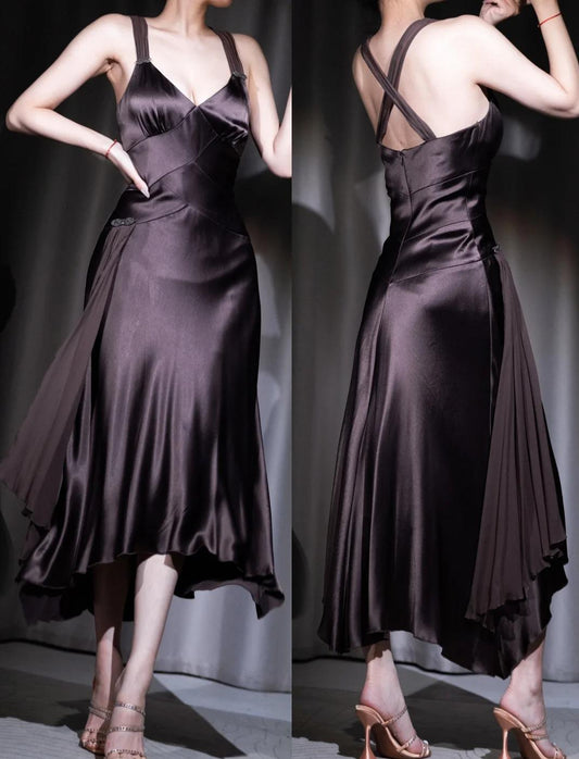 Chocolate V-Neck Satin A-Line Prom Dress Elegant Party Dress HZ1024