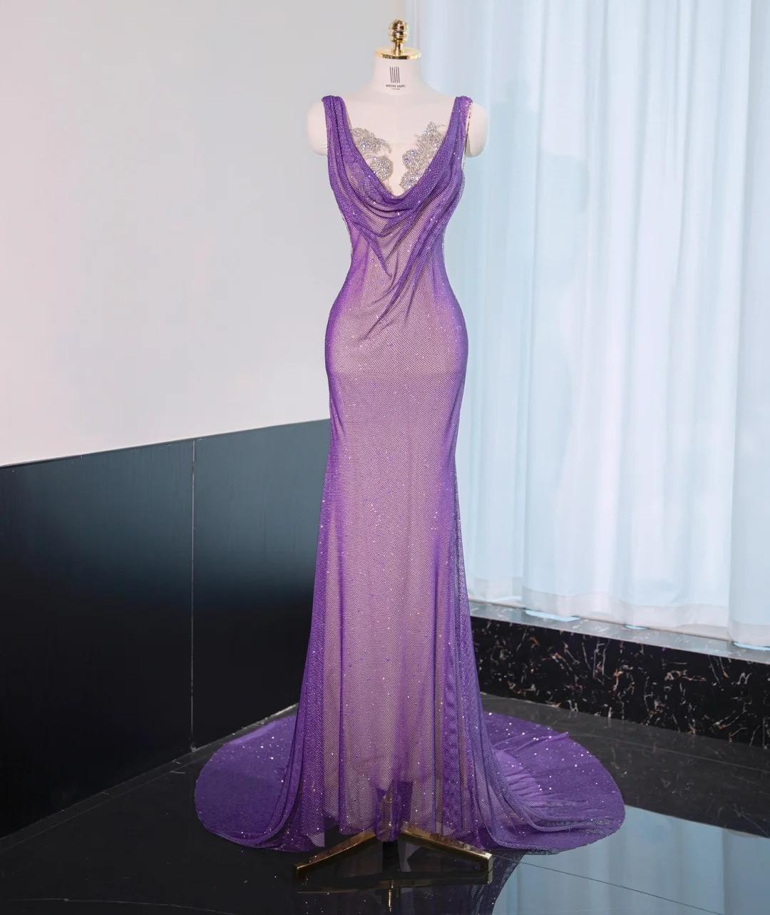 Noble Purple Mermaid Gown - Glitter Rhinestone Tulle Prom Dress for Special Ocassions _ED01926