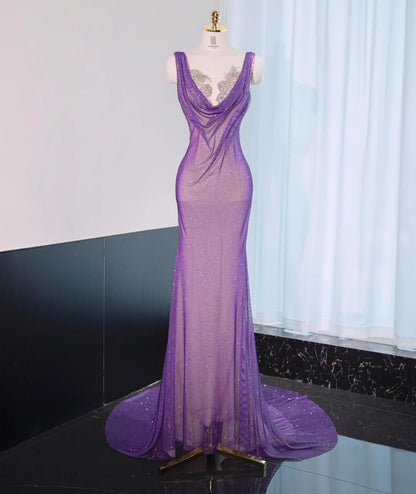 Noble Purple Mermaid Gown - Glitter Rhinestone Tulle Prom Dress for Special Ocassions _ED01926