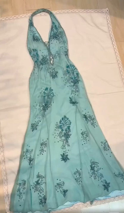 Blue V-neck Chiffon Mermaid Gown - Glitter Beading & Sequined Backless Evening Dress HZ1024