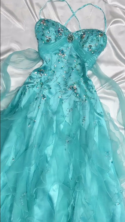 __ 1950s Inspired Baby Princess Blue Prom Dress - Shimmering Sequins Tulle & Satin Ballgown for Formal Events ED01932