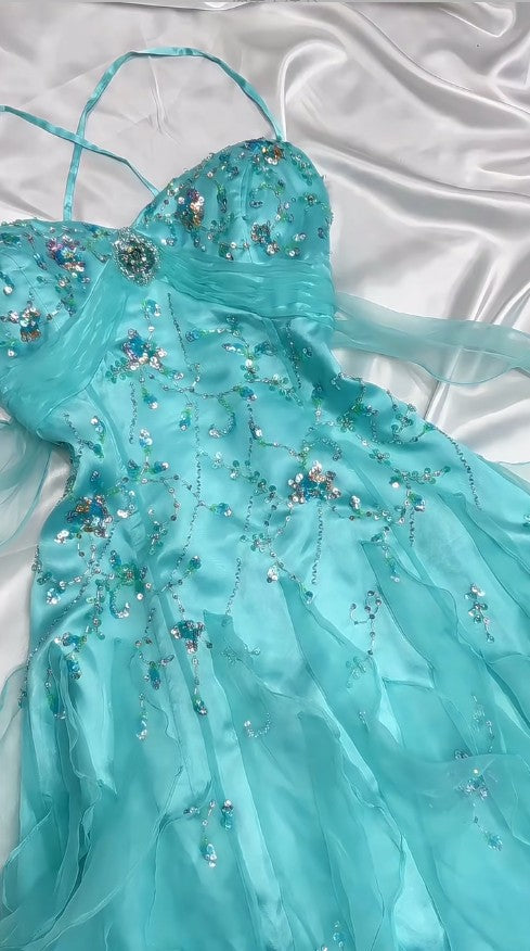 __ 1950s Inspired Baby Princess Blue Prom Dress - Shimmering Sequins Tulle & Satin Ballgown for Formal Events ED01932