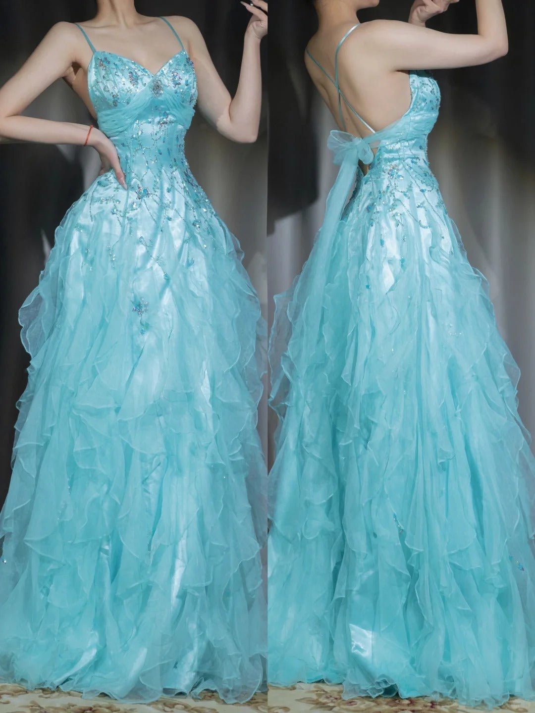 __ 1950s Inspired Baby Princess Blue Prom Dress - Shimmering Sequins Tulle & Satin Ballgown for Formal Events ED01932