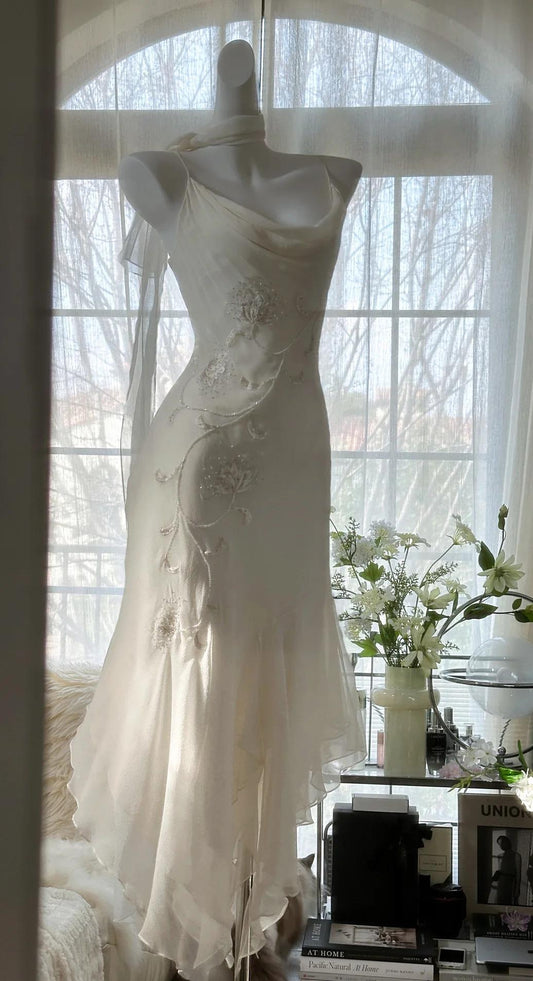 _Y2K Fairytale White Chiffon Short Prom Dress Vintage Applique Beading Party Dresses  ED01930
