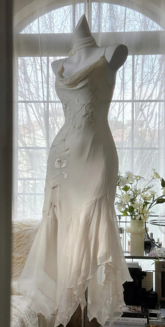 _Y2K Fairytale White Chiffon Short Prom Dress Vintage Applique Beading Party Dresses  ED01930