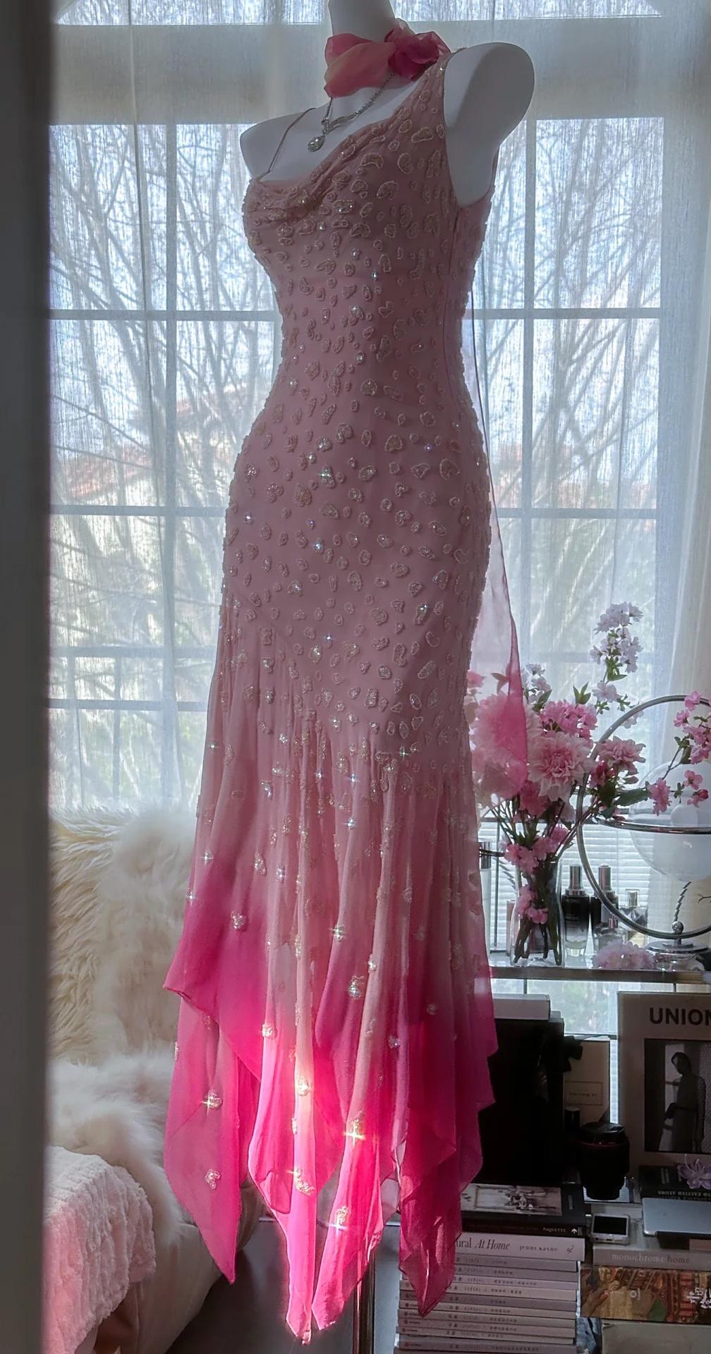 Cinderella Pink A-Line Evening Gown - Iridescent Beaded Tulle with Soft Chiffon Layers for Sweet 16 HZ1024