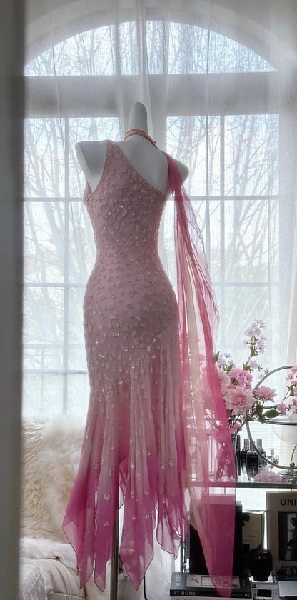 Cinderella Pink A-Line Evening Gown - Iridescent Beaded Tulle with Soft Chiffon Layers for Sweet 16 HZ1024