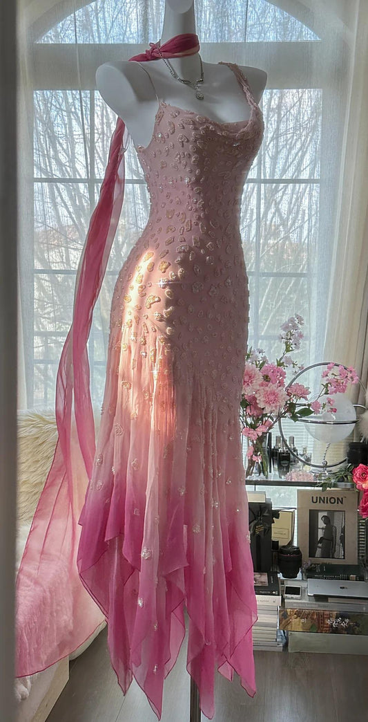 Cinderella Pink A-Line Evening Gown - Iridescent Beaded Tulle with Soft Chiffon Layers for Sweet 16 HZ1024