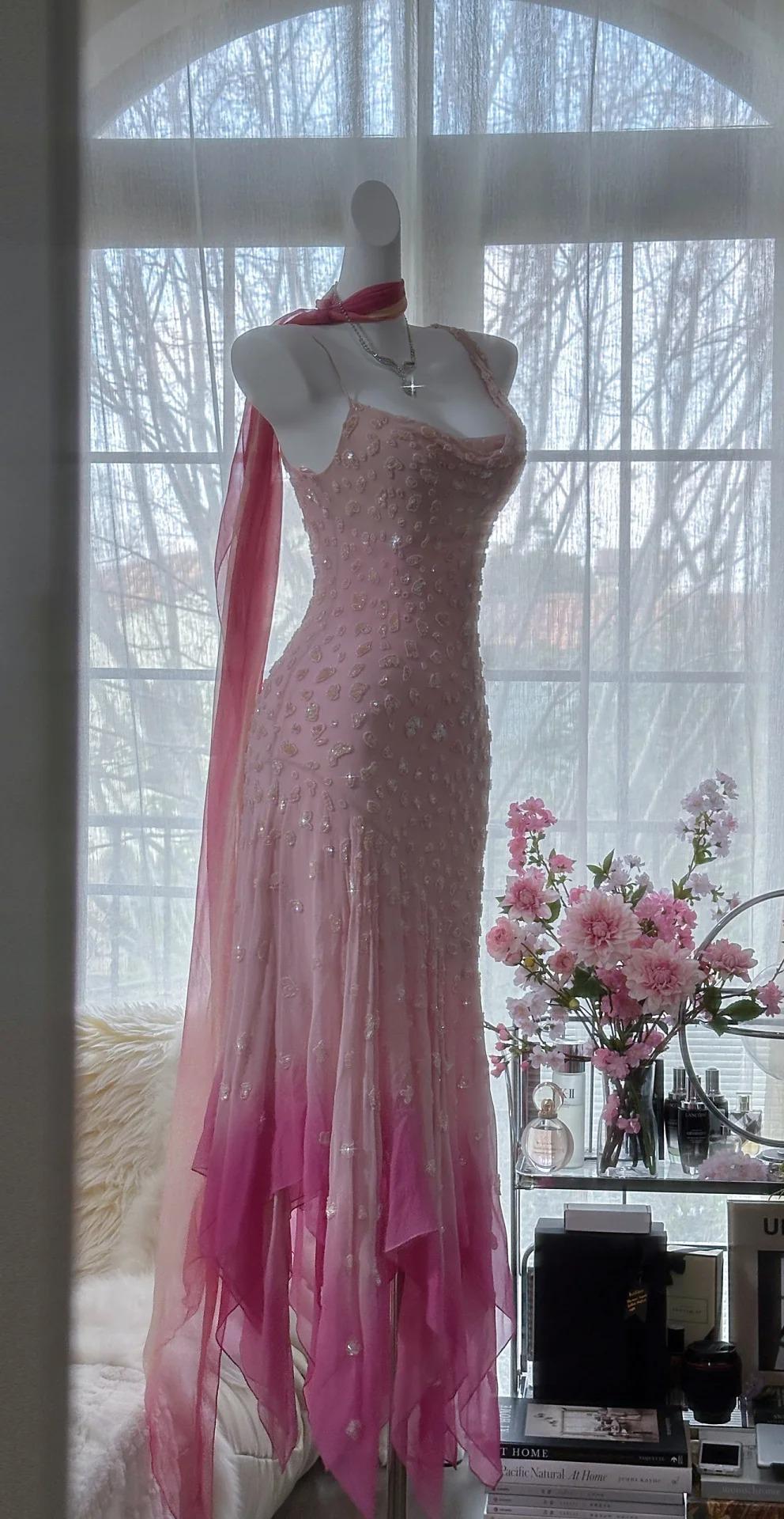 Cinderella Pink A-Line Evening Gown - Iridescent Beaded Tulle with Soft Chiffon Layers for Sweet 16 HZ1024