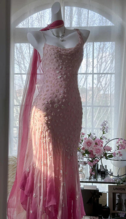 Cinderella Pink A-Line Evening Gown - Iridescent Beaded Tulle with Soft Chiffon Layers for Sweet 16 HZ1024