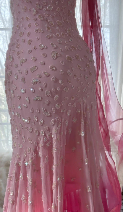 Cinderella Pink A-Line Evening Gown - Iridescent Beaded Tulle with Soft Chiffon Layers for Sweet 16 HZ1024