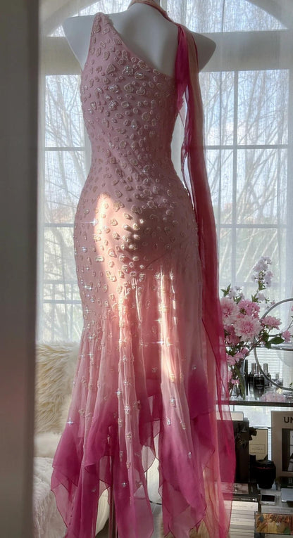 Cinderella Pink A-Line Evening Gown - Iridescent Beaded Tulle with Soft Chiffon Layers for Sweet 16 HZ1024