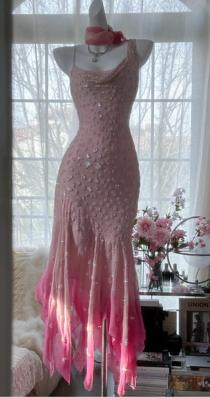 Cinderella Pink A-Line Evening Gown - Iridescent Beaded Tulle with Soft Chiffon Layers for Sweet 16 HZ1024