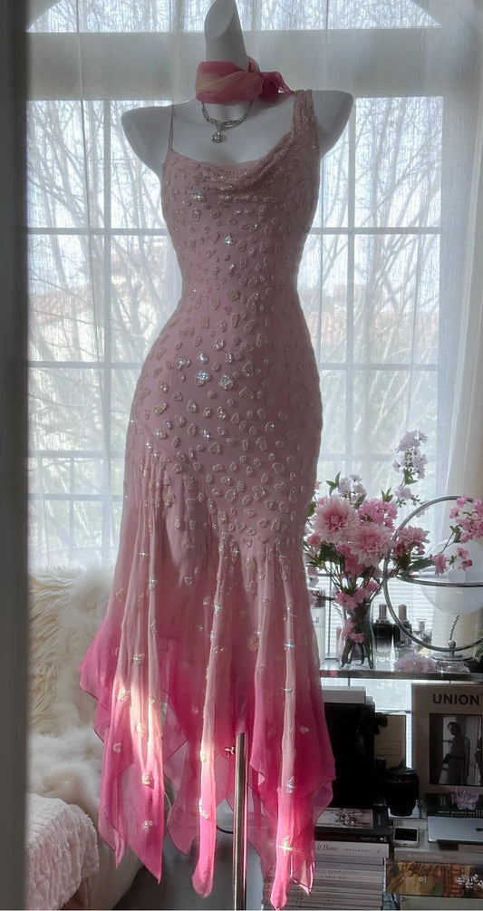 __ Cinderella Pink A-Line Evening Gown - Iridescent Beaded Tulle with Soft Chiffon Layers for Birthday  ED01933