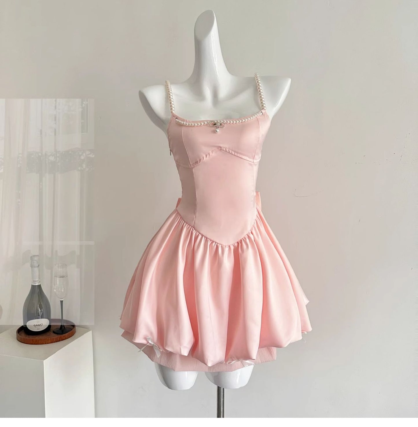 Fairytale_©· Spring Pool Party Dress Pink Satin A-Line Short Prom Dress for Birthday &Homecoming  ED01937