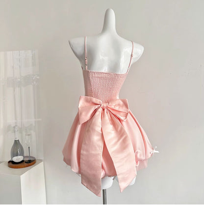 Fairytale_©· Spring Pool Party Dress Pink Satin A-Line Short Prom Dress for Birthday &Homecoming  ED01937