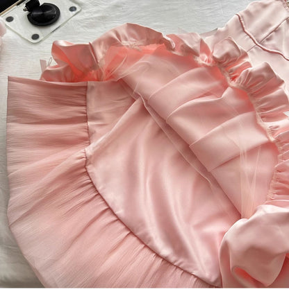 Fairytale_©· Spring Pool Party Dress Pink Satin A-Line Short Prom Dress for Birthday &Homecoming  ED01937