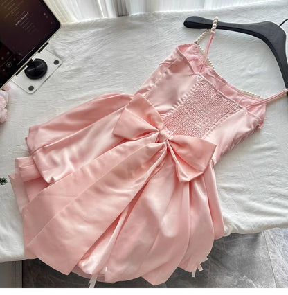 Fairytale_©· Spring Pool Party Dress Pink Satin A-Line Short Prom Dress for Birthday &Homecoming  ED01937