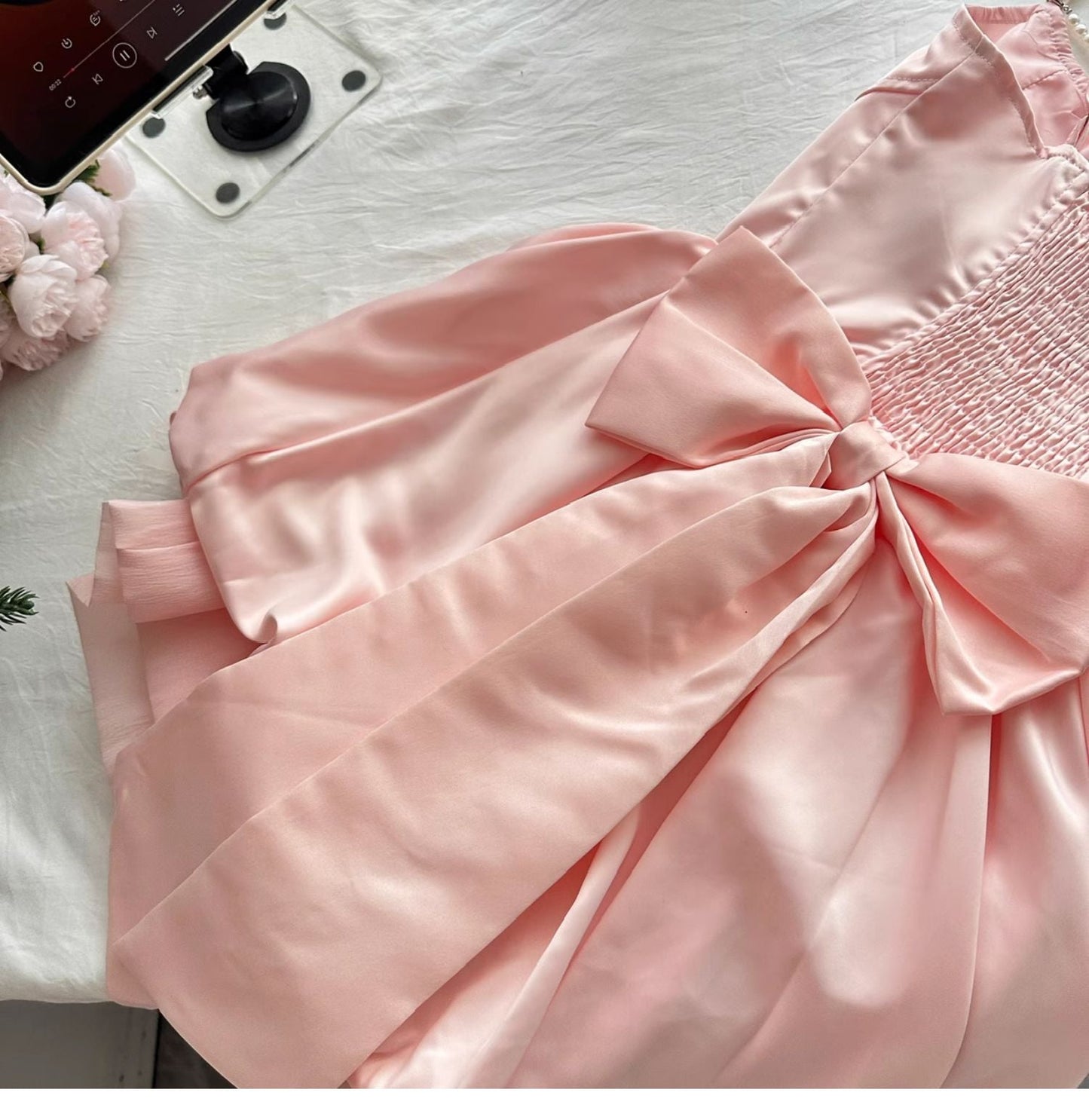Fairytale_©· Spring Pool Party Dress Pink Satin A-Line Short Prom Dress for Birthday &Homecoming  ED01937