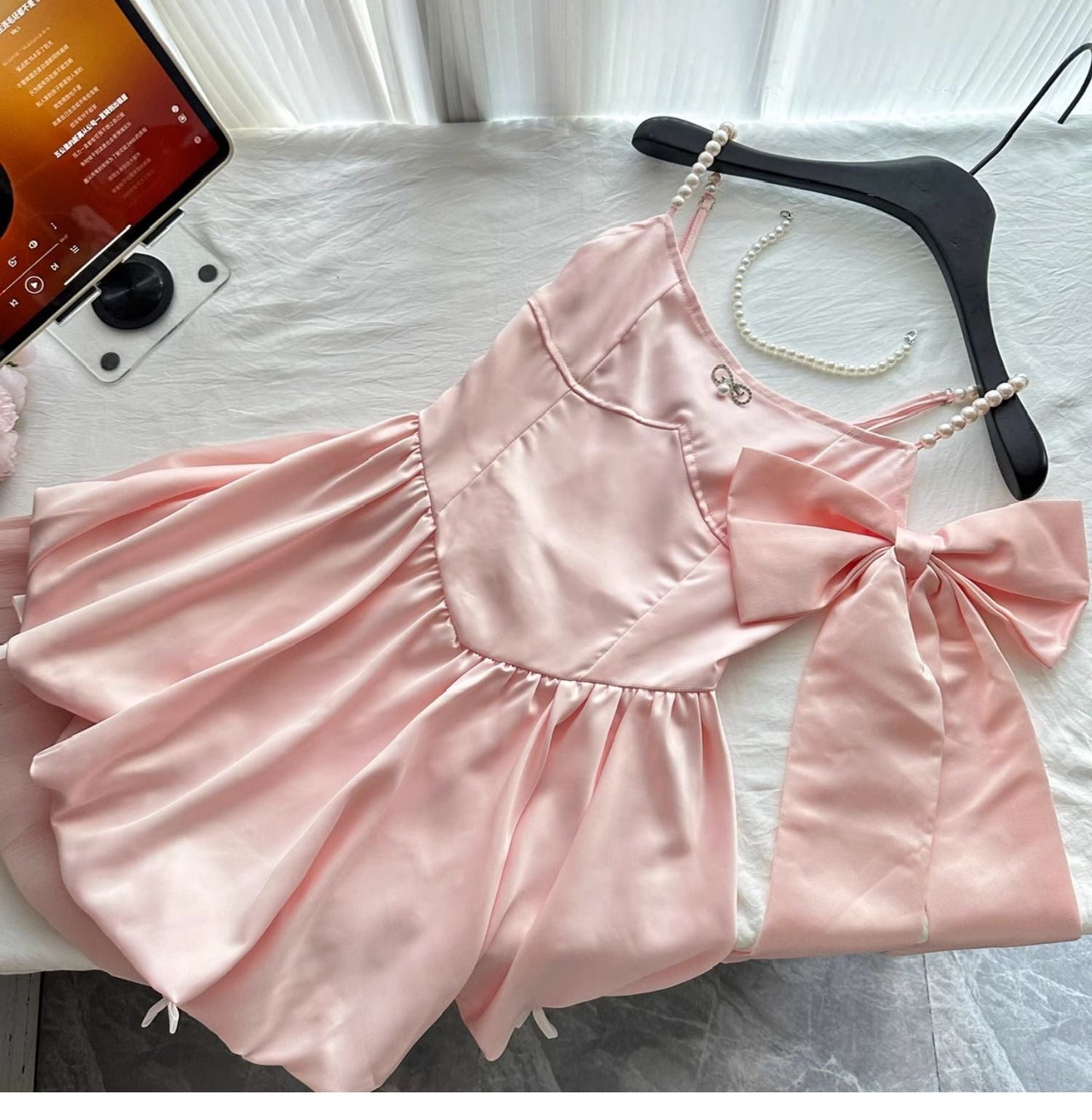 Fairytale_©· Spring Pool Party Dress Pink Satin A-Line Short Prom Dress for Birthday &Homecoming  ED01937