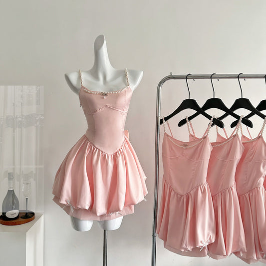 Fairytale_©· Spring Pool Party Dress Pink Satin A-Line Short Prom Dress for Birthday &Homecoming  ED01937