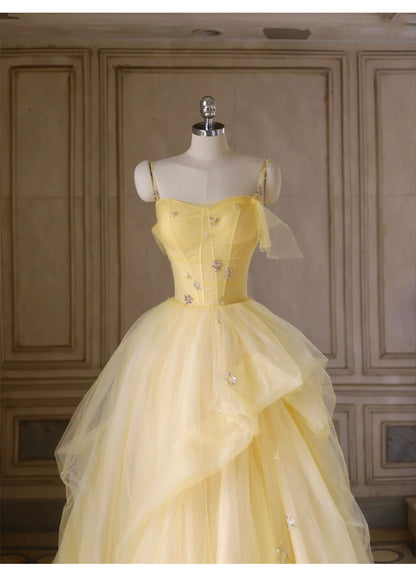 Sweet Yellow Princess Tulle Prom Dress __A-Line Shinny Beaded Evening Gown for Graduation & Quinceanera & Birthday ED01940