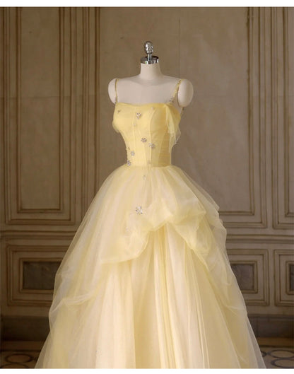 Sweet Yellow Princess Tulle Prom Dress __A-Line Shinny Beaded Evening Gown for Graduation & Quinceanera & Birthday ED01940