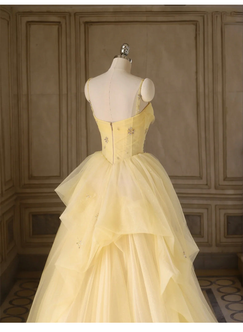 Sweet Yellow Princess Tulle Prom Dress __A-Line Shinny Beaded Evening Gown for Graduation & Quinceanera & Birthday ED01940