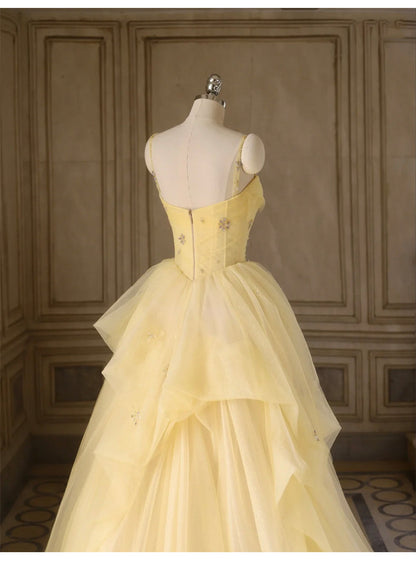 Sweet Yellow Princess Tulle Prom Dress __A-Line Shinny Beaded Evening Gown for Graduation & Quinceanera & Birthday ED01940