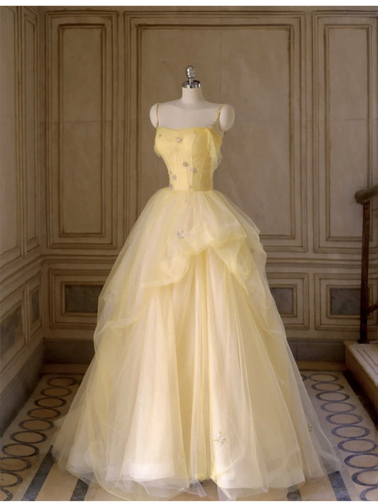 Sweet Yellow Princess Tulle Prom Dress __A-Line Shinny Beaded Evening Gown for Graduation & Quinceanera & Birthday ED01940