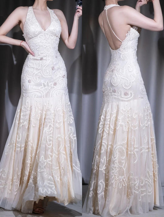 2000s Apricot Mermaid  Chiffon Beaded Prom Dress for Party&Birthday Ekegant Backless Halter Evening Gown  ED01944