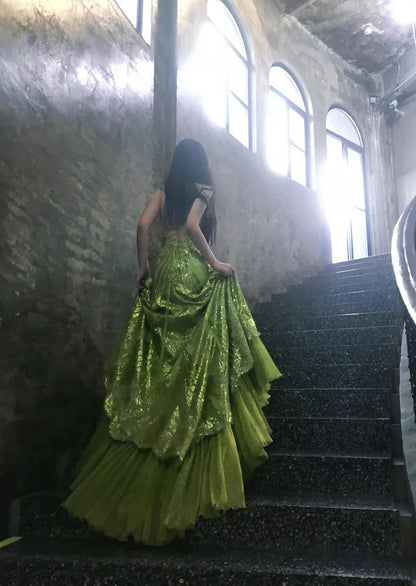 Bud Green Mermaid Sequins Beaded Prom Dress Backless Tulle Evening Gown HZ1024