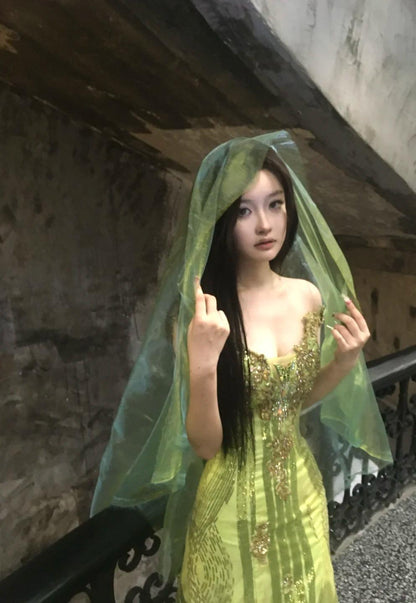 Bud Green Mermaid Sequins Beaded Prom Dress Backless Tulle Evening Gown HZ1024