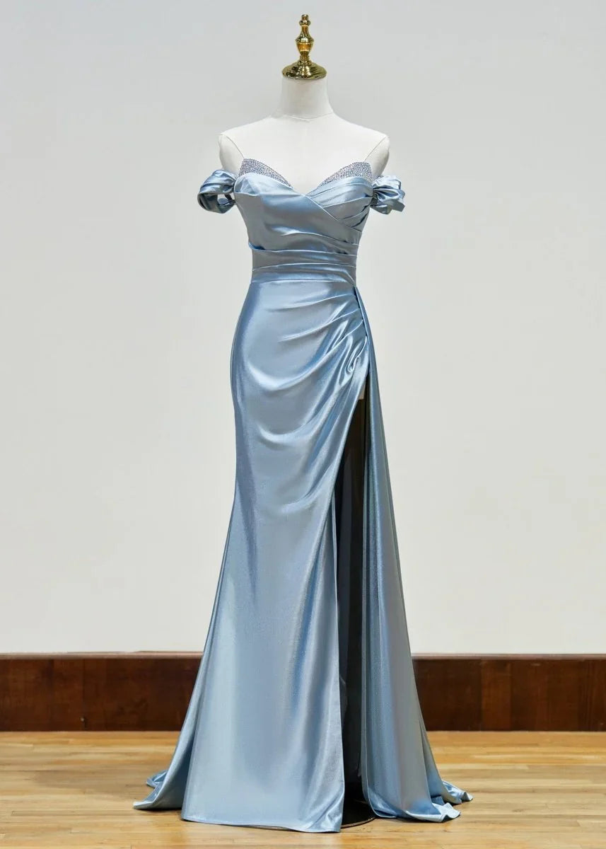 Elegant Beaded Mermaid Satin Off Shoulder Long Prom Dress Evening Gown with Slit  ED01951