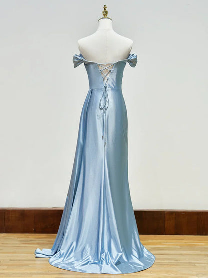 Elegant Beaded Mermaid Satin Off Shoulder Long Prom Dress Evening Gown with Slit  ED01951