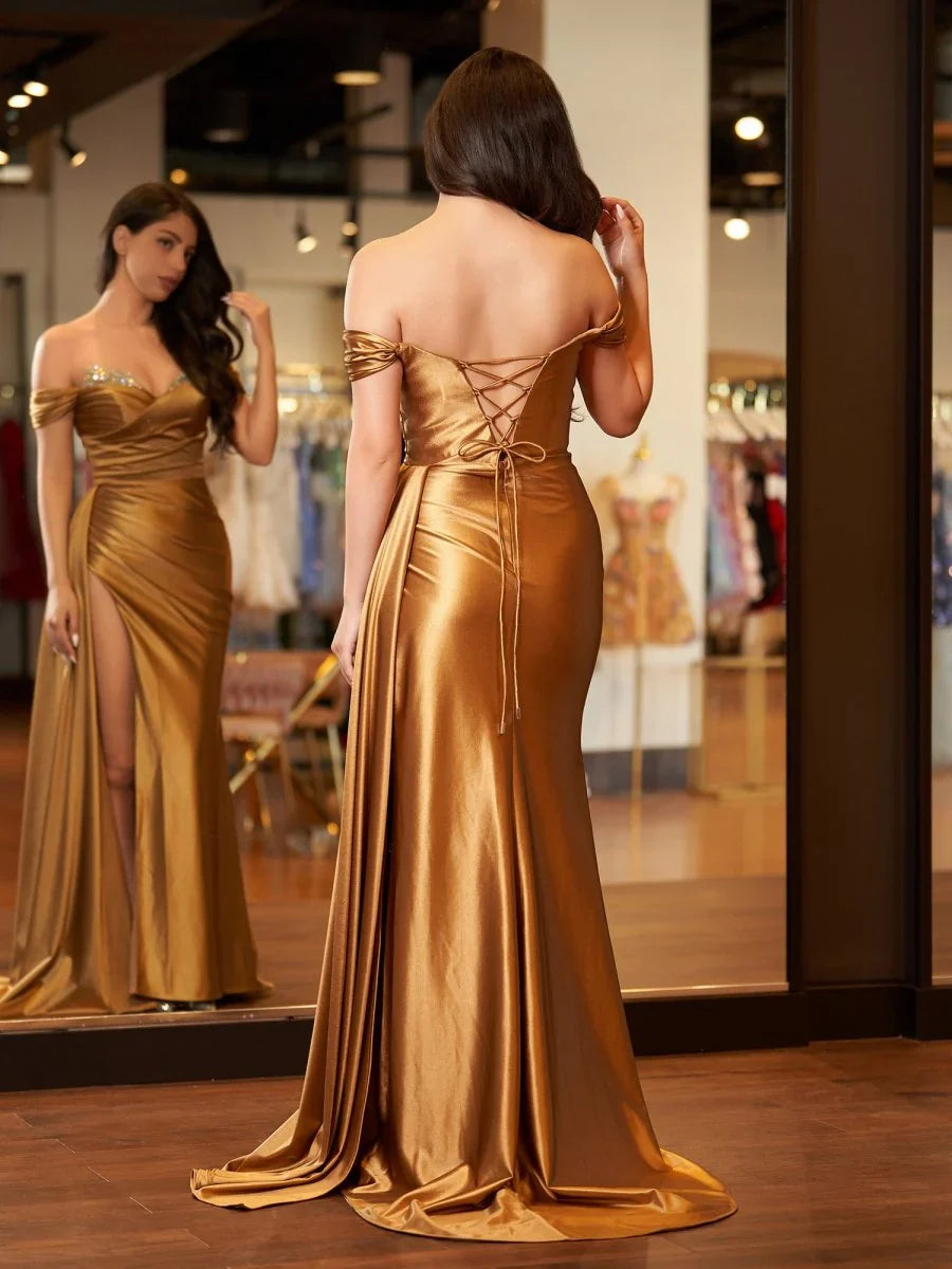 Elegant Beaded Mermaid Satin Off Shoulder Long Prom Dress Evening Gown with Slit  ED01951