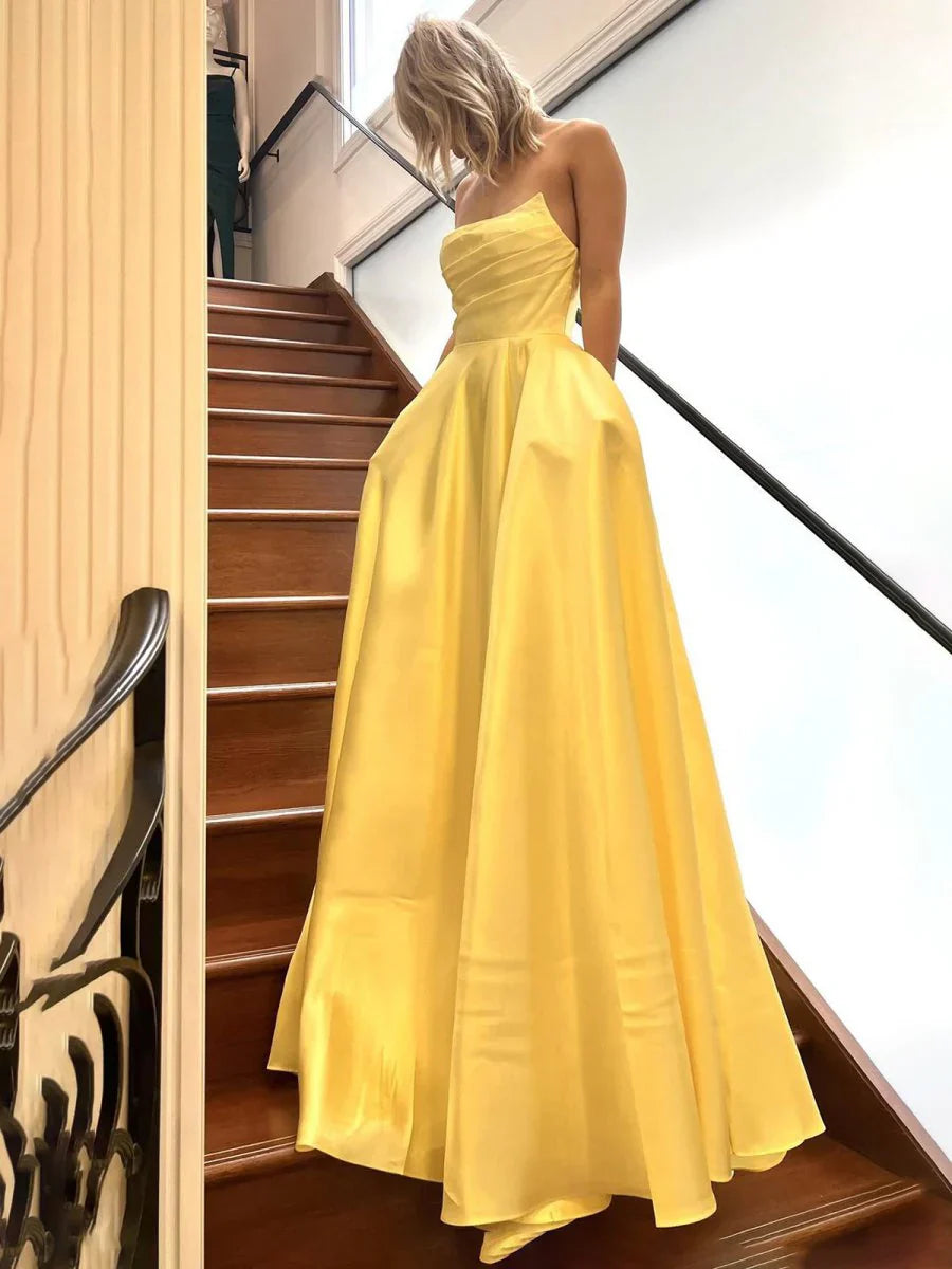 Strapless Sage Green Satin A-line Long Prom Dress With Slit Strapless Evening Dress ED01952
