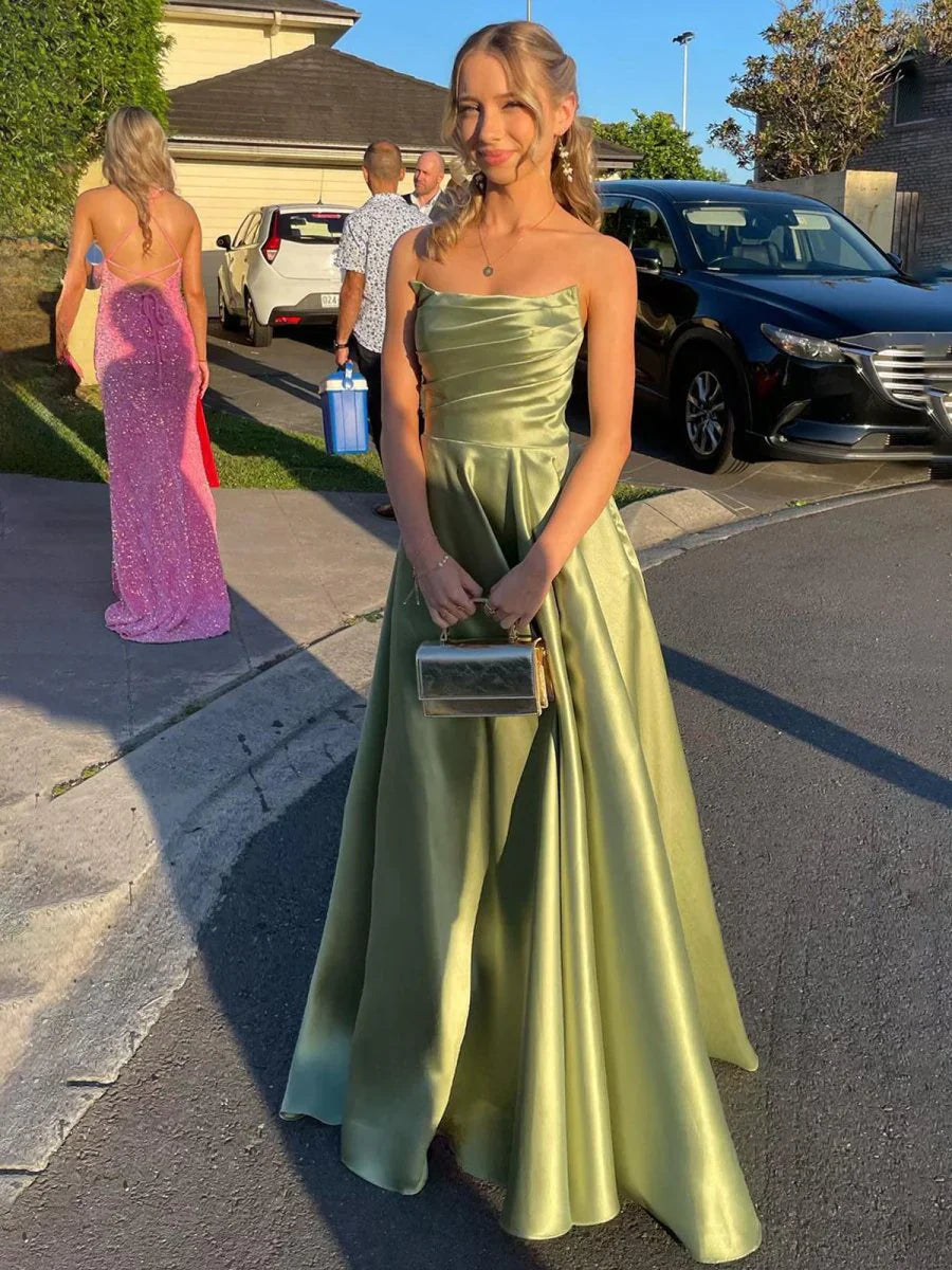 Strapless Sage Green Satin A-line Long Prom Dress With Slit Strapless Evening Dress ED01952