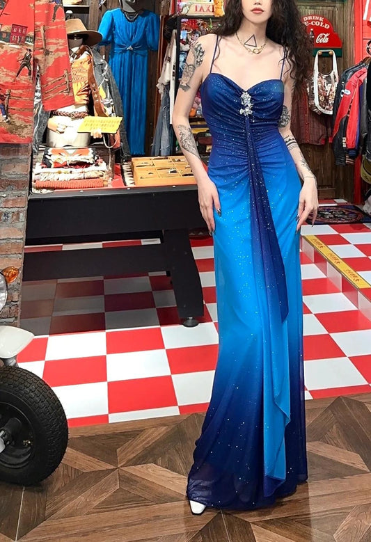 Chiffon Gradient Blue Prom Dress for Party Elegant 2000s Spaghetti Strap Evening Gown HZ1024