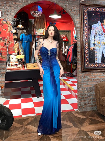 Glitter Chiffon Gradient Blue Prom Dress for Party Elegant 2000s Spaghetti Strap Evening Gown ED01953