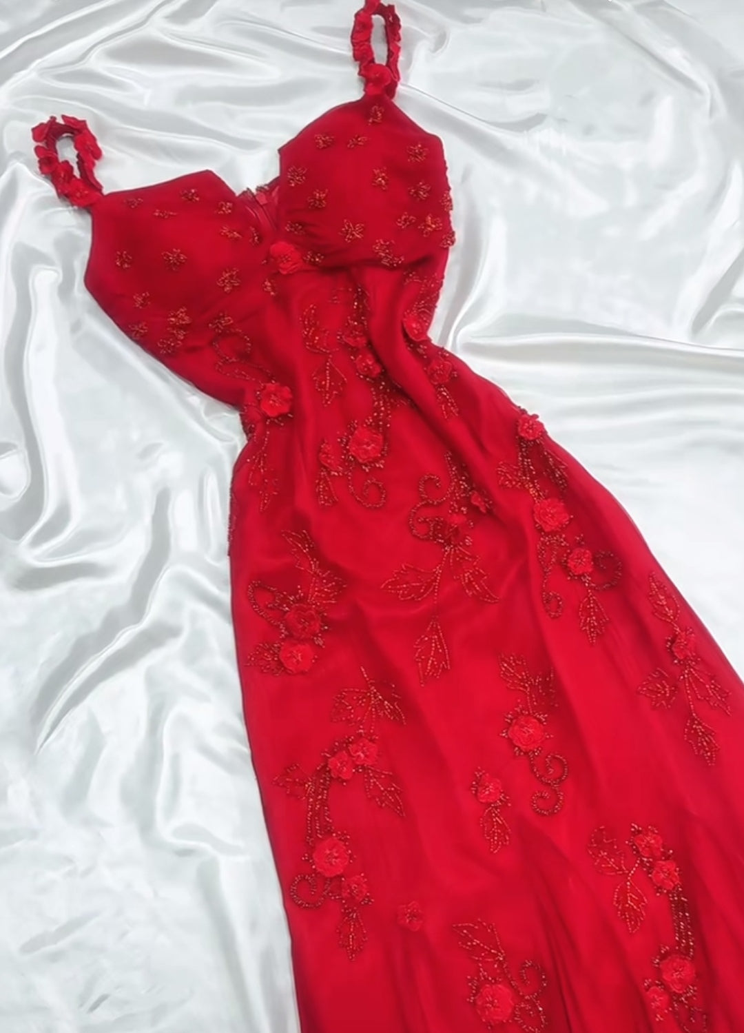 Fairytale Red Chiffon Prom Dress for Party&Birthday Glitter Beaded Applique Evening Gown HZ1024