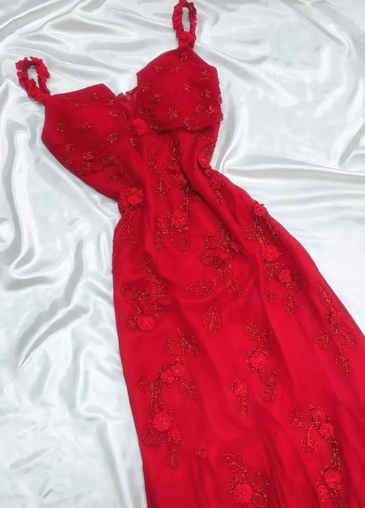 Fairytale Red Chiffon Prom Dress for Party&Birthday Glitter Beaded Applique Evening Gown HZ1024